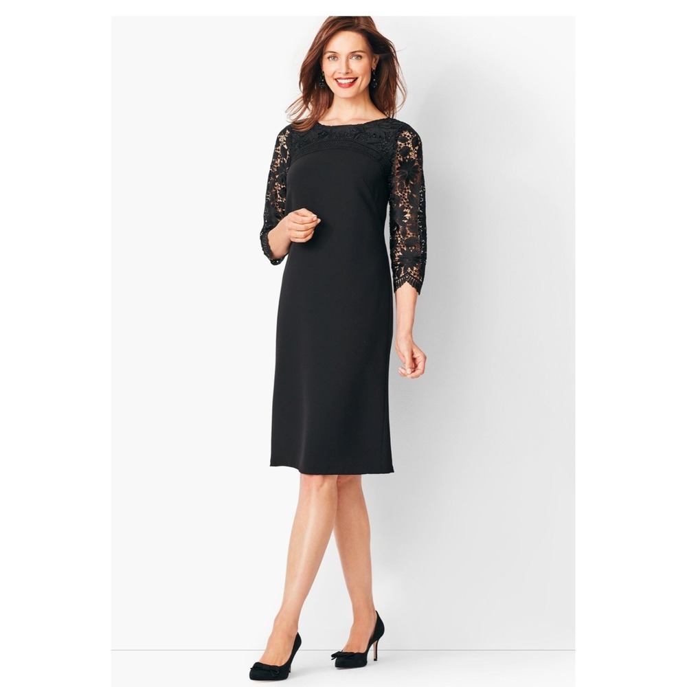 Talbots Black Shift Dress Lace Neckline Sleeves Formal Cocktail Womens Size 12P
